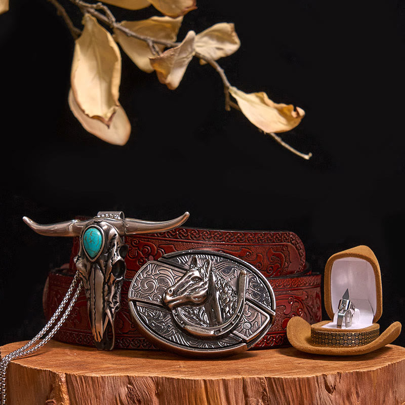 Set di anelli con ciondolo a forma di toro turchese con fibbia per cintura con coltello nascosto fai da te - Testa di cavallo - Cintura marrone intagliata - 40 - image 16