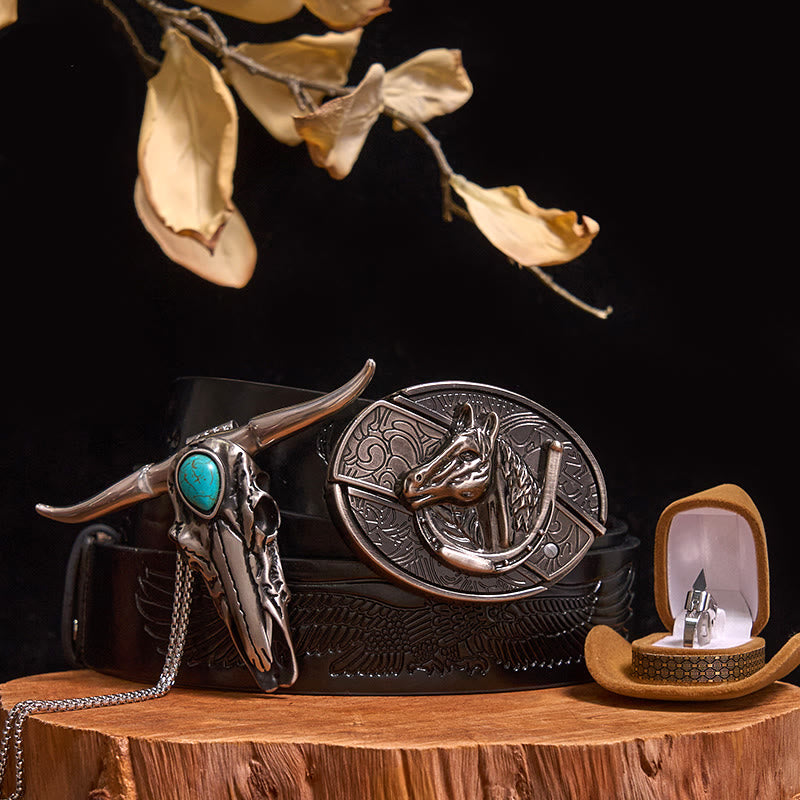 Set di anelli con ciondolo a forma di toro turchese con fibbia per cintura con coltello nascosto fai da te - Testa di cavallo - Cintura con aquila in rilievo nera - 40 - image 12