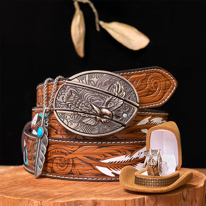Set di fibbie per cintura fai da te con coltello nascosto Eagle e anello con piuma - Aquila e piuma - Cintura di piume marroni - 40 - image 0