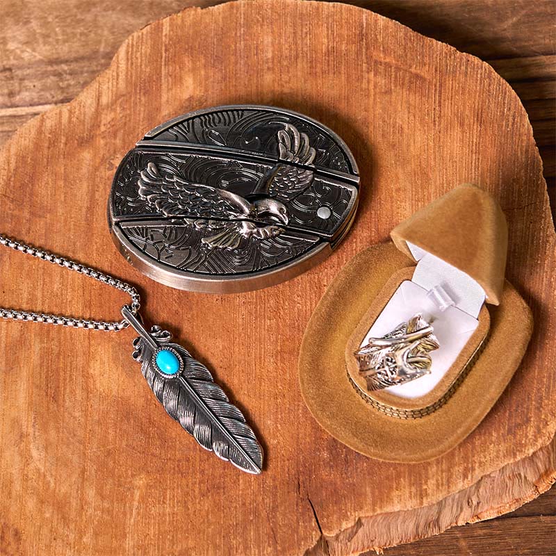 Set di fibbie per cintura fai da te con coltello nascosto Eagle e anello con piuma