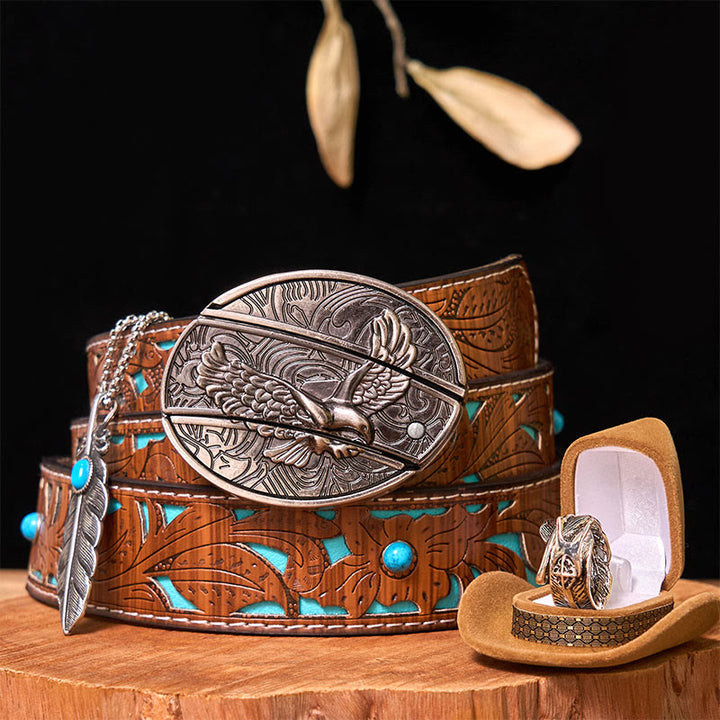 Set di fibbie per cintura fai da te con coltello nascosto Eagle e anello con piuma - Aquila e piuma - Cintura intagliata turchese - 42 - image 7