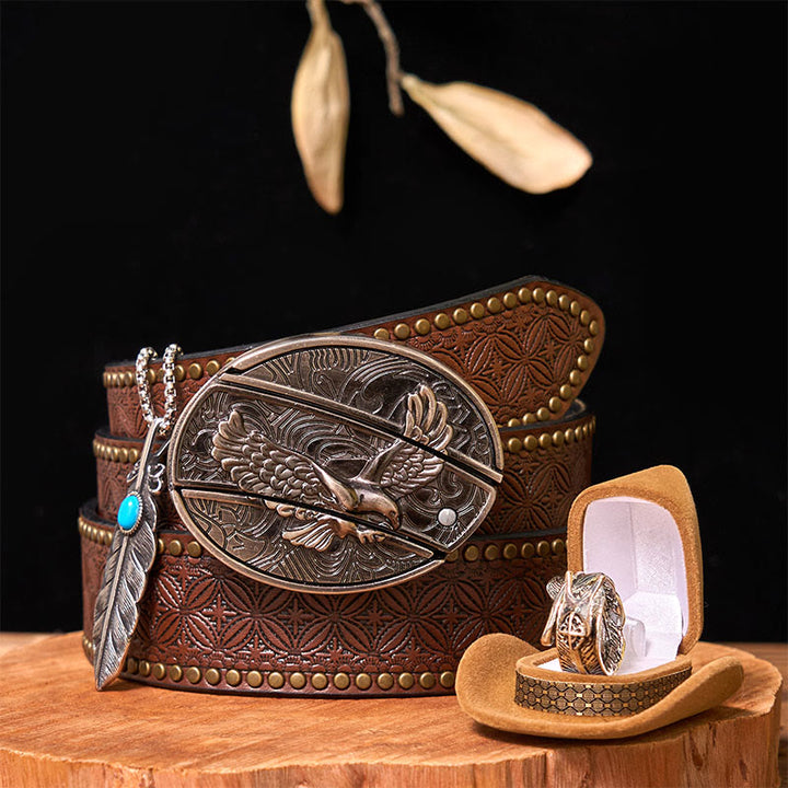 Set di fibbie per cintura fai da te con coltello nascosto Eagle e anello con piuma - Aquila e piuma - Cintura con rivetti marroni - 42 - image 8