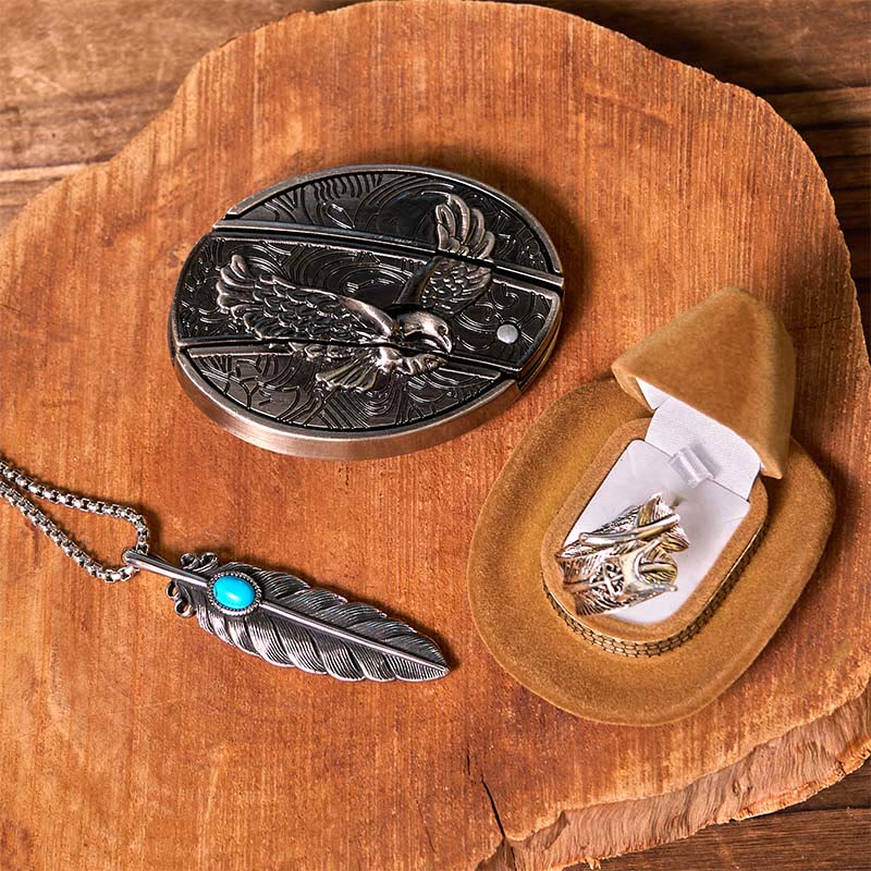 Set di fibbie per cintura fai da te con coltello nascosto Eagle e anello con piuma