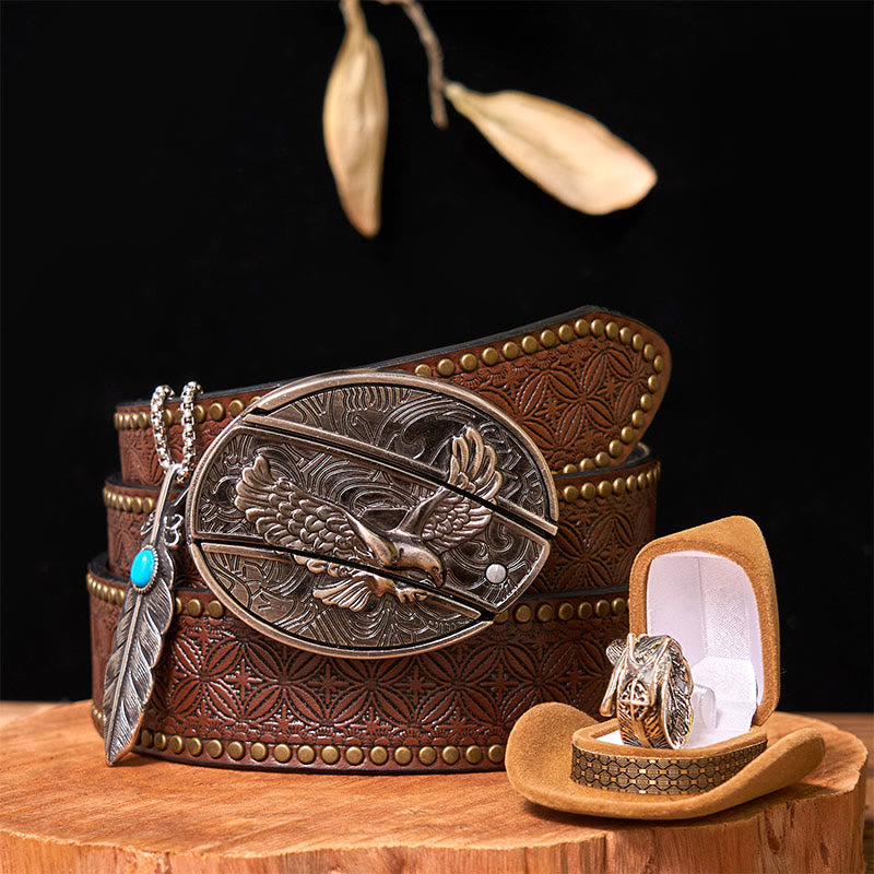 Set di fibbie per cintura fai da te con coltello nascosto Eagle e anello con piuma