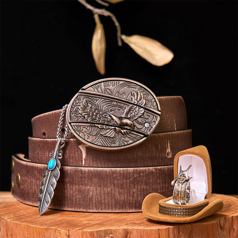 Set di fibbie per cintura fai da te con coltello nascosto Eagle e anello con piuma - Aquila e piuma - Cintura marrone anticata - 42 - image 9