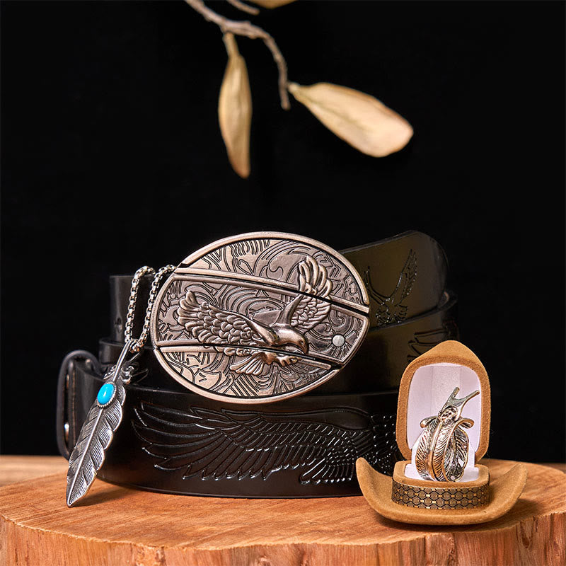 Set di fibbie per cintura fai da te con coltello nascosto Eagle e anello con piuma - Aquila e piuma - Cintura con aquila in rilievo nera - 42 - image 6