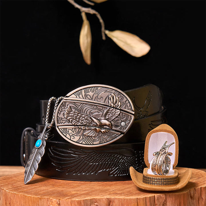 Set di fibbie per cintura fai da te con coltello nascosto Eagle e anello con piuma - Aquila e piuma - Cintura con aquila in rilievo nera - 42 - image 6