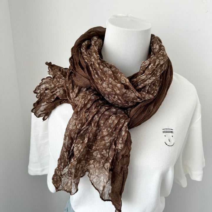 Sciarpa sottile in cotone e lino stampato plissettato vintage - #16 Marrone - image 19