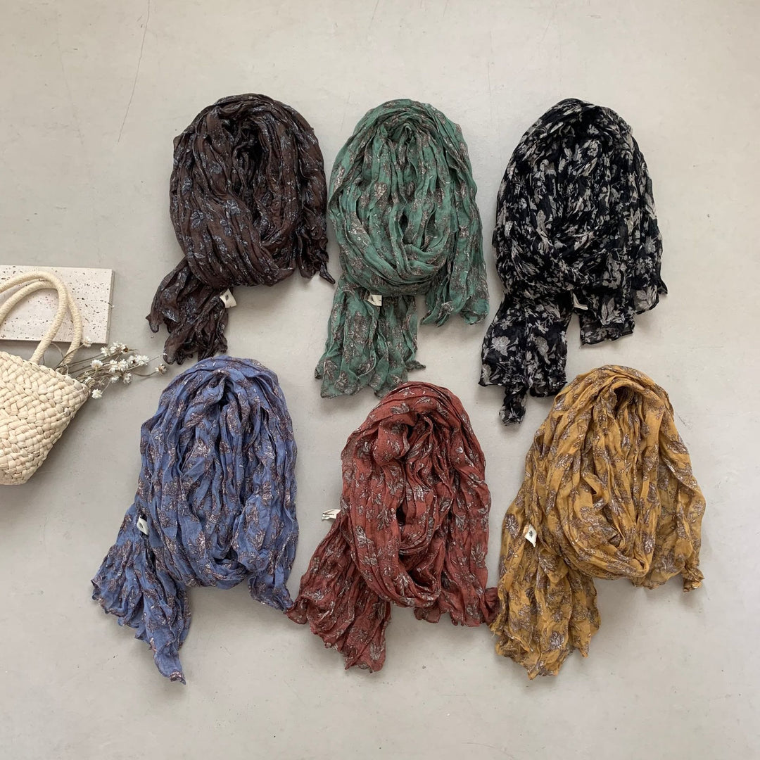 Sciarpa sottile in cotone e lino stampato plissettato vintage