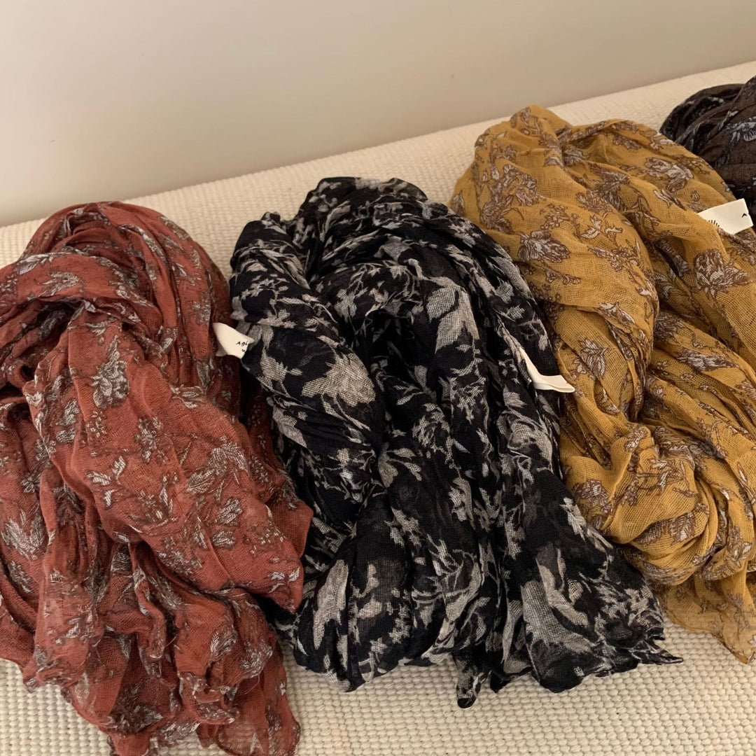 Sciarpa sottile in cotone e lino stampato plissettato vintage