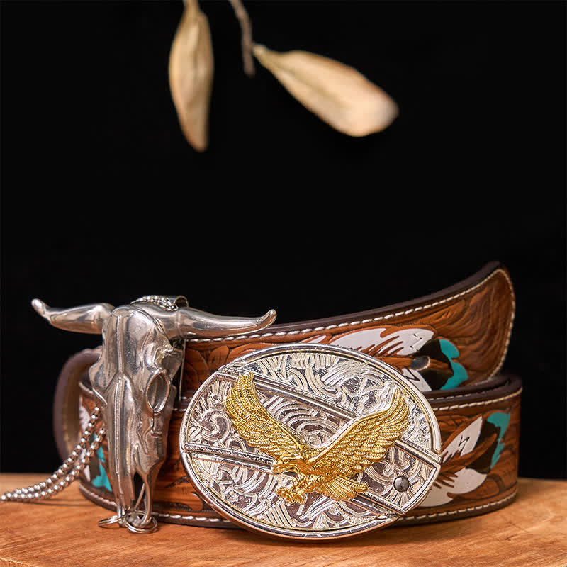 Set di ciondoli a forma di toro longhorn con fibbia per cintura fai da te in oro e argento con coltello nascosto - Aquila - Cintura di piume marroni - 40 - image 34