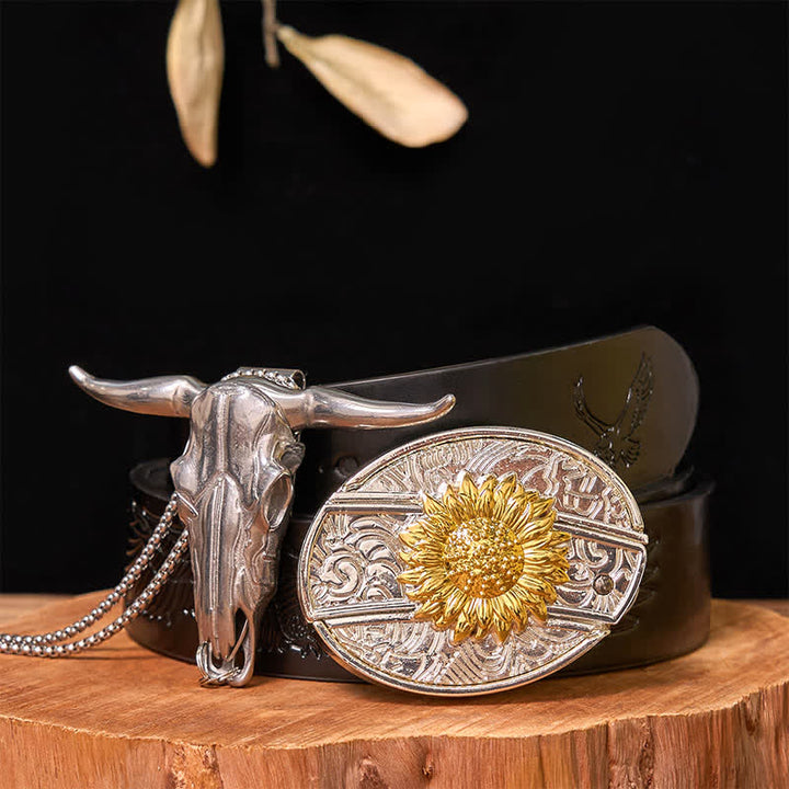 Set di ciondoli a forma di toro longhorn con fibbia per cintura fai da te in oro e argento con coltello nascosto - Girasole - Cintura con aquila in rilievo nera - 42 - image 11