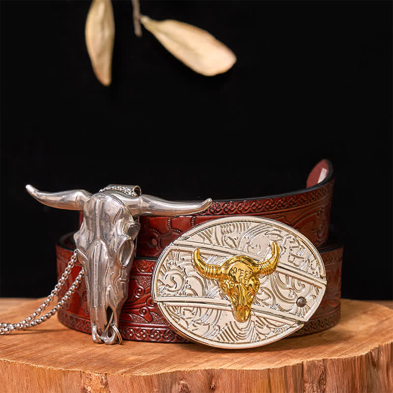Set di ciondoli a forma di toro longhorn con fibbia per cintura fai da te in oro e argento con coltello nascosto - Toro - Cintura marrone intagliata - 42 - image 9