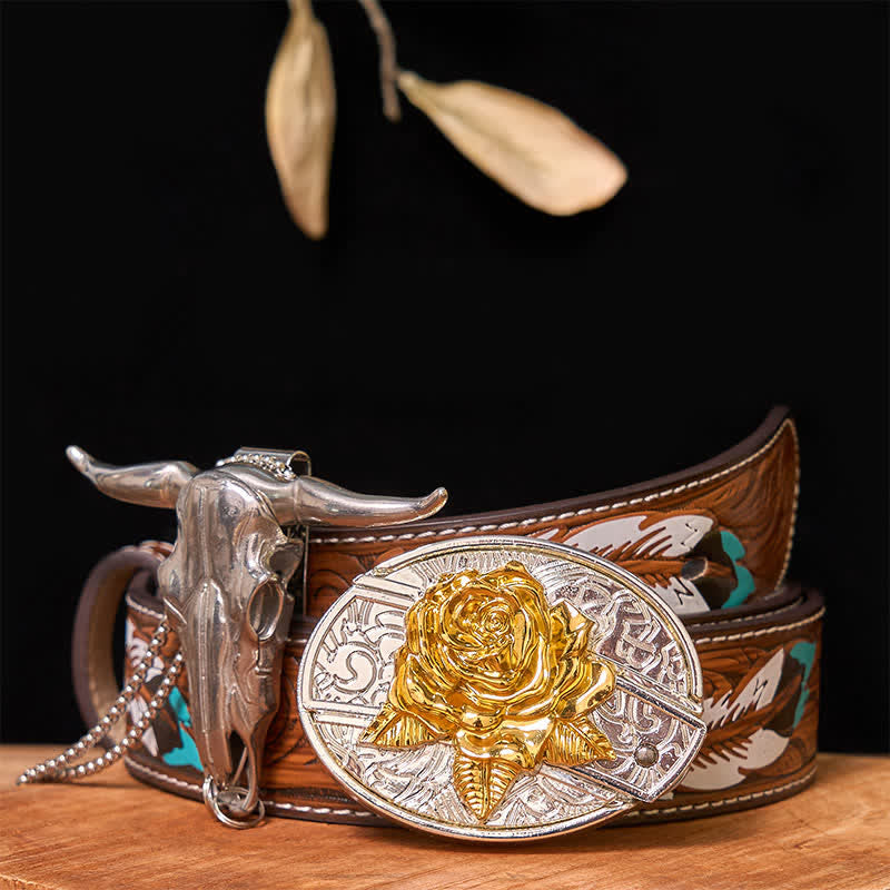 Set di ciondoli a forma di toro longhorn con fibbia per cintura fai da te in oro e argento con coltello nascosto - Rosa - Cintura di piume marroni - 40 - image 25