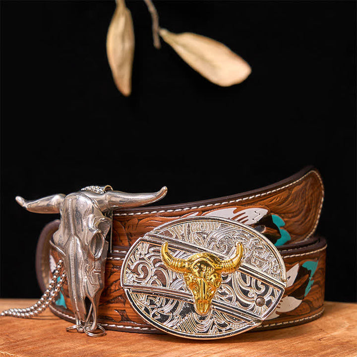 Set di ciondoli a forma di toro longhorn con fibbia per cintura fai da te in oro e argento con coltello nascosto
