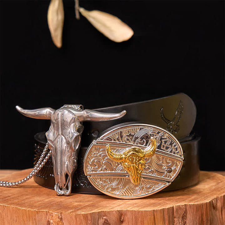 Set di ciondoli a forma di toro longhorn con fibbia per cintura fai da te in oro e argento con coltello nascosto - Toro - Cintura con aquila in rilievo nera - 42 - image 5