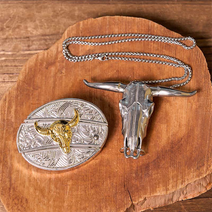 Set di ciondoli a forma di toro longhorn con fibbia per cintura fai da te in oro e argento con coltello nascosto