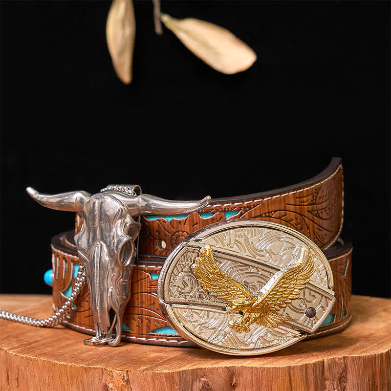 Set di ciondoli a forma di toro longhorn con fibbia per cintura fai da te in oro e argento con coltello nascosto - Aquila - Cintura intagliata turchese - 42 - image 30