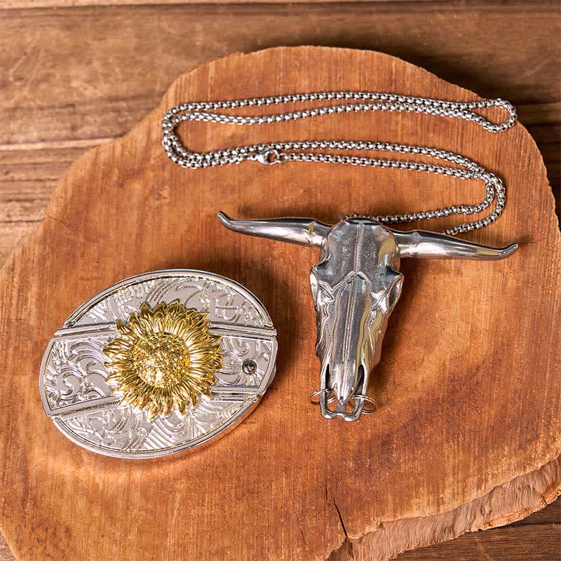 Set di ciondoli a forma di toro longhorn con fibbia per cintura fai da te in oro e argento con coltello nascosto
