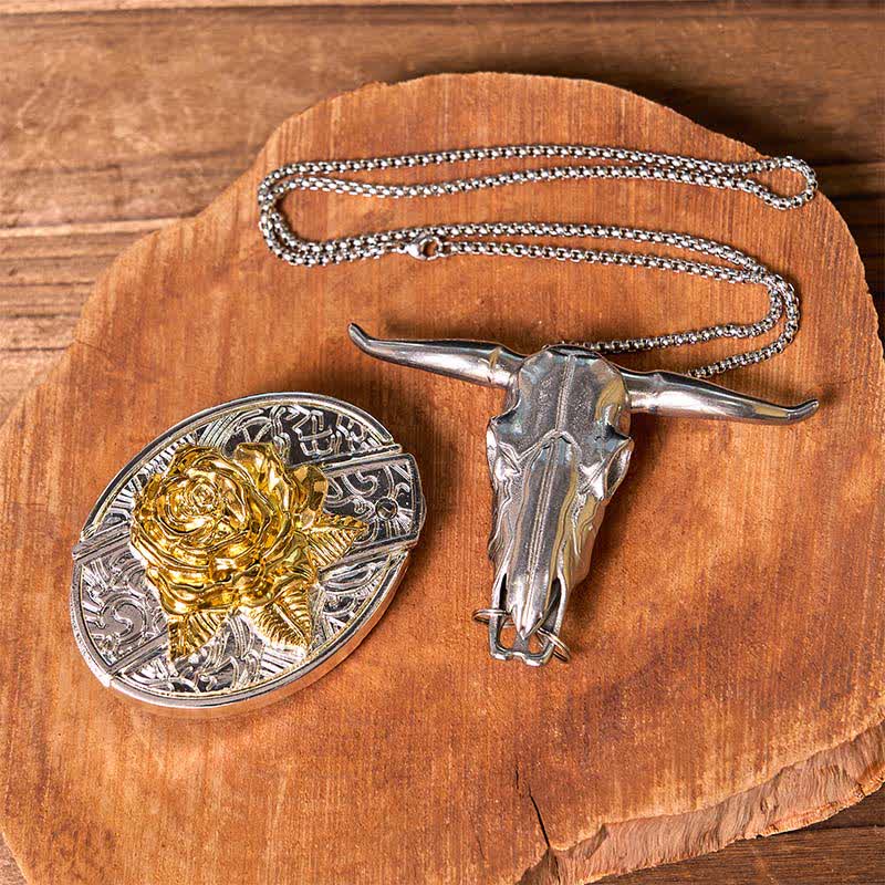 Set di ciondoli a forma di toro longhorn con fibbia per cintura fai da te in oro e argento con coltello nascosto