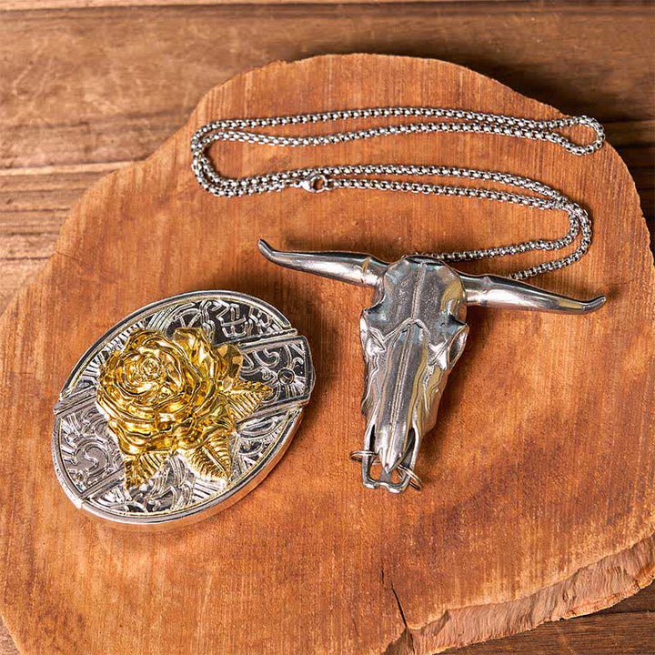 Set di ciondoli a forma di toro longhorn con fibbia per cintura fai da te in oro e argento con coltello nascosto