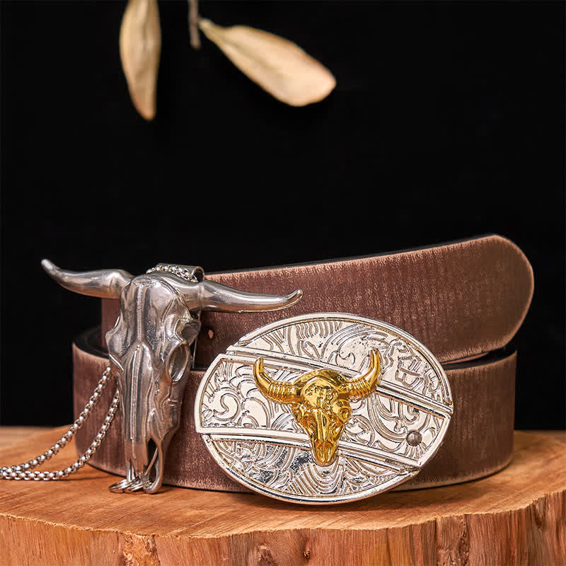Set di ciondoli a forma di toro longhorn con fibbia per cintura fai da te in oro e argento con coltello nascosto
