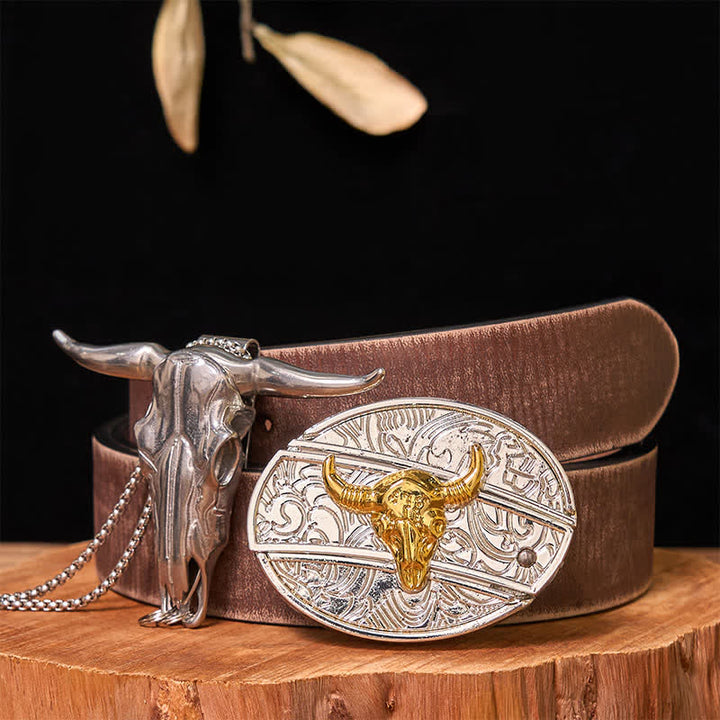 Set di ciondoli a forma di toro longhorn con fibbia per cintura fai da te in oro e argento con coltello nascosto