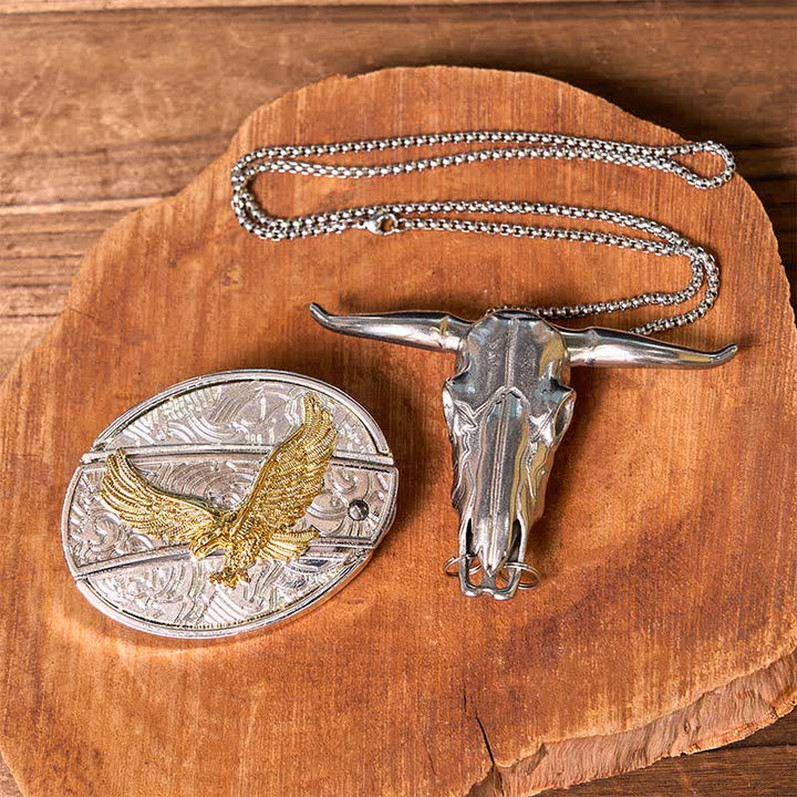 Set di ciondoli a forma di toro longhorn con fibbia per cintura fai da te in oro e argento con coltello nascosto