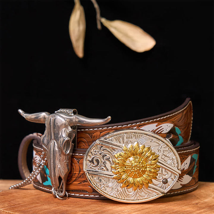 Set di ciondoli a forma di toro longhorn con fibbia per cintura fai da te in oro e argento con coltello nascosto - Girasole - Cintura di piume marroni - 40 - image 16