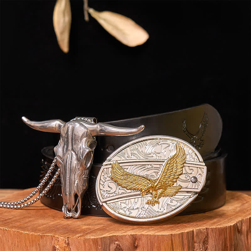 Set di ciondoli a forma di toro longhorn con fibbia per cintura fai da te in oro e argento con coltello nascosto - Aquila - Cintura con aquila in rilievo nera - 42 - image 29