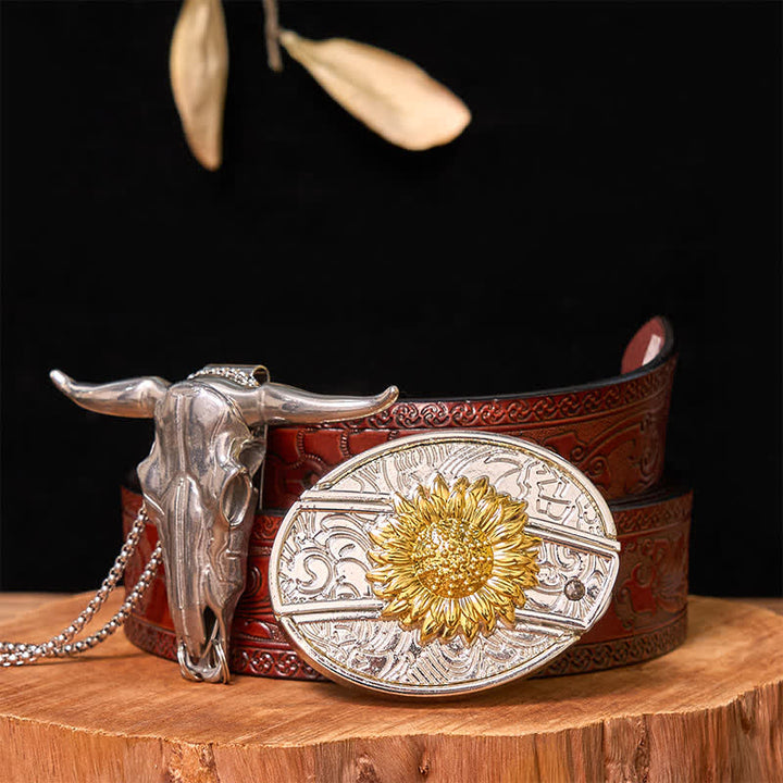 Set di ciondoli a forma di toro longhorn con fibbia per cintura fai da te in oro e argento con coltello nascosto - Girasole - Cintura marrone intagliata - 42 - image 15