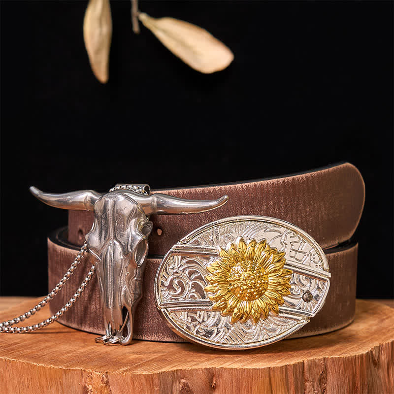 Set di ciondoli a forma di toro longhorn con fibbia per cintura fai da te in oro e argento con coltello nascosto - Girasole - Cintura marrone anticata - 42 - image 14