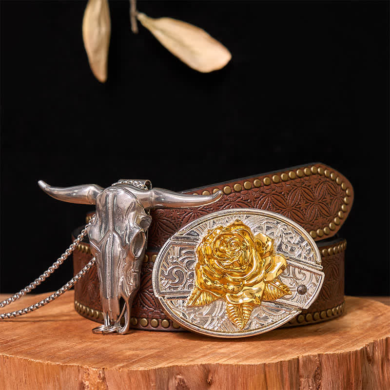 Set di ciondoli a forma di toro longhorn con fibbia per cintura fai da te in oro e argento con coltello nascosto - Rosa - Cintura con rivetti marroni - 42 - image 22
