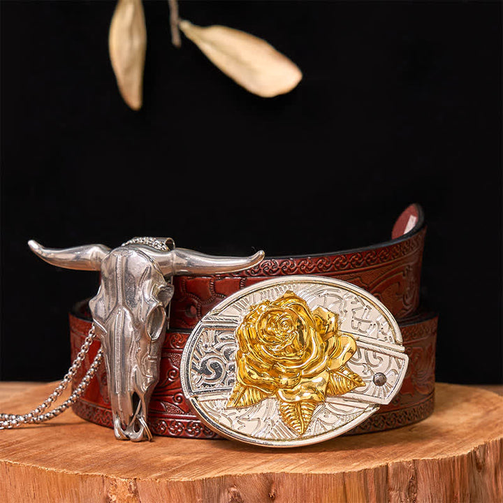 Set di ciondoli a forma di toro longhorn con fibbia per cintura fai da te in oro e argento con coltello nascosto - Rosa - Cintura marrone intagliata - 42 - image 24