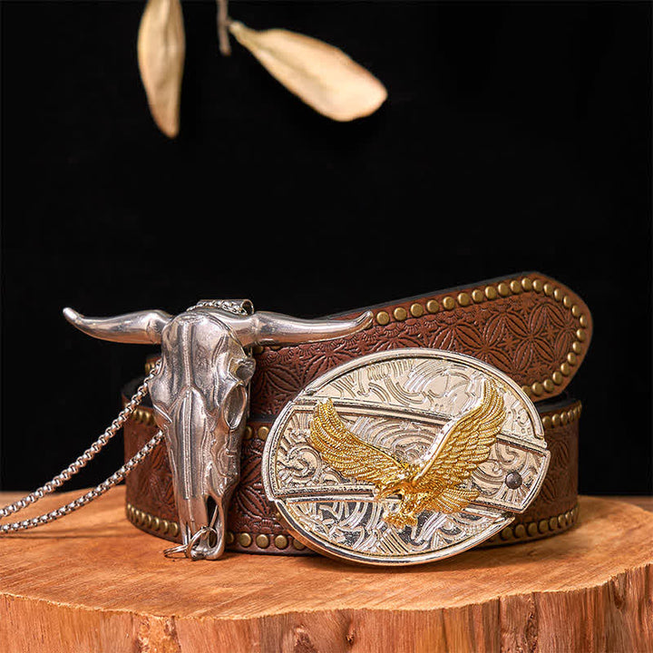 Set di ciondoli a forma di toro longhorn con fibbia per cintura fai da te in oro e argento con coltello nascosto - Aquila - Cintura con rivetti marroni - 42 - image 31