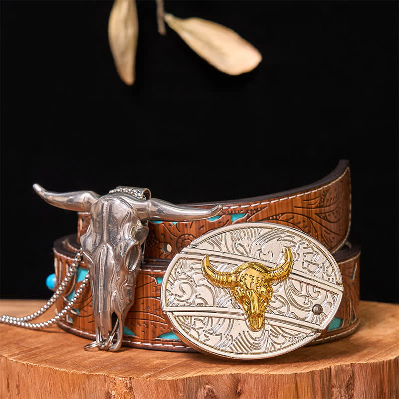 Set di ciondoli a forma di toro longhorn con fibbia per cintura fai da te in oro e argento con coltello nascosto