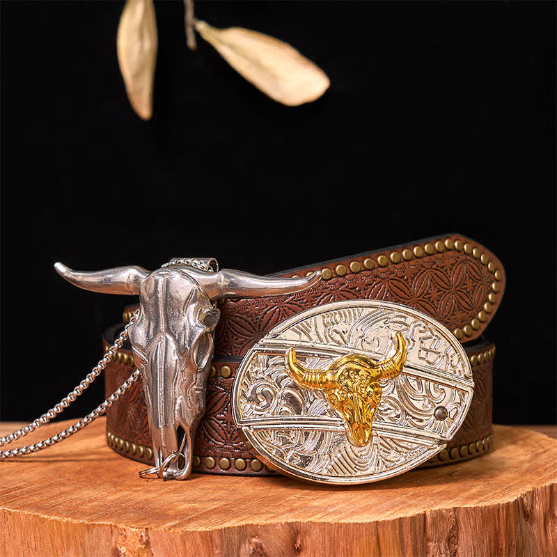 Set di ciondoli a forma di toro longhorn con fibbia per cintura fai da te in oro e argento con coltello nascosto - Toro - Cintura con rivetti marroni - 42 - image 7