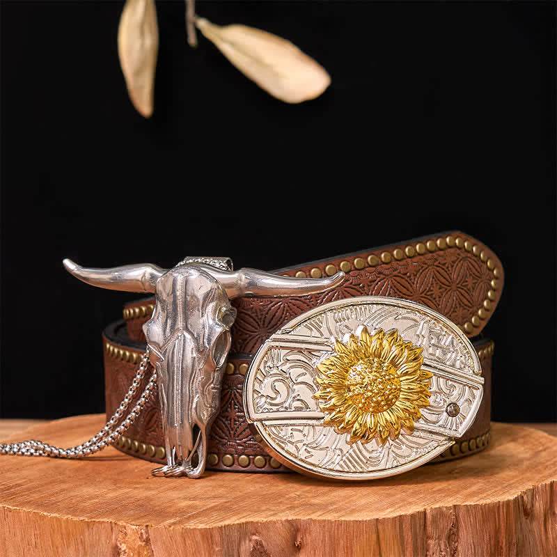 Set di ciondoli a forma di toro longhorn con fibbia per cintura fai da te in oro e argento con coltello nascosto - Girasole - Cintura con rivetti marroni - 42 - image 13