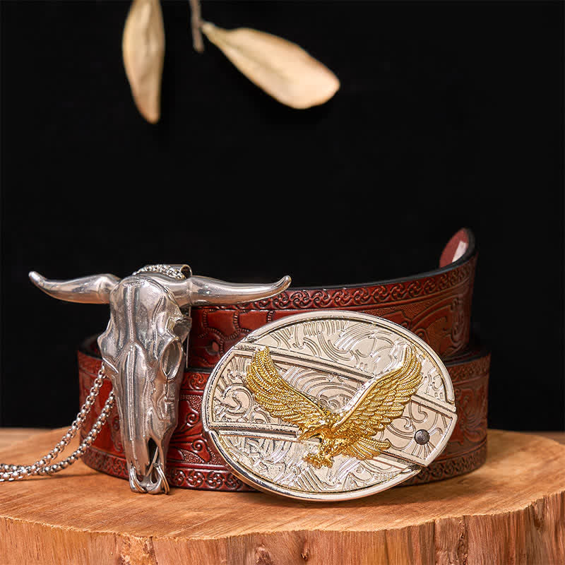 Set di ciondoli a forma di toro longhorn con fibbia per cintura fai da te in oro e argento con coltello nascosto - Aquila - Cintura marrone intagliata - 42 - image 33