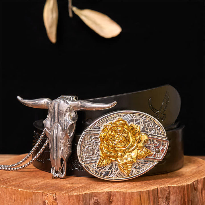 Set di ciondoli a forma di toro longhorn con fibbia per cintura fai da te in oro e argento con coltello nascosto - Rosa - Cintura con aquila in rilievo nera - 42 - image 20