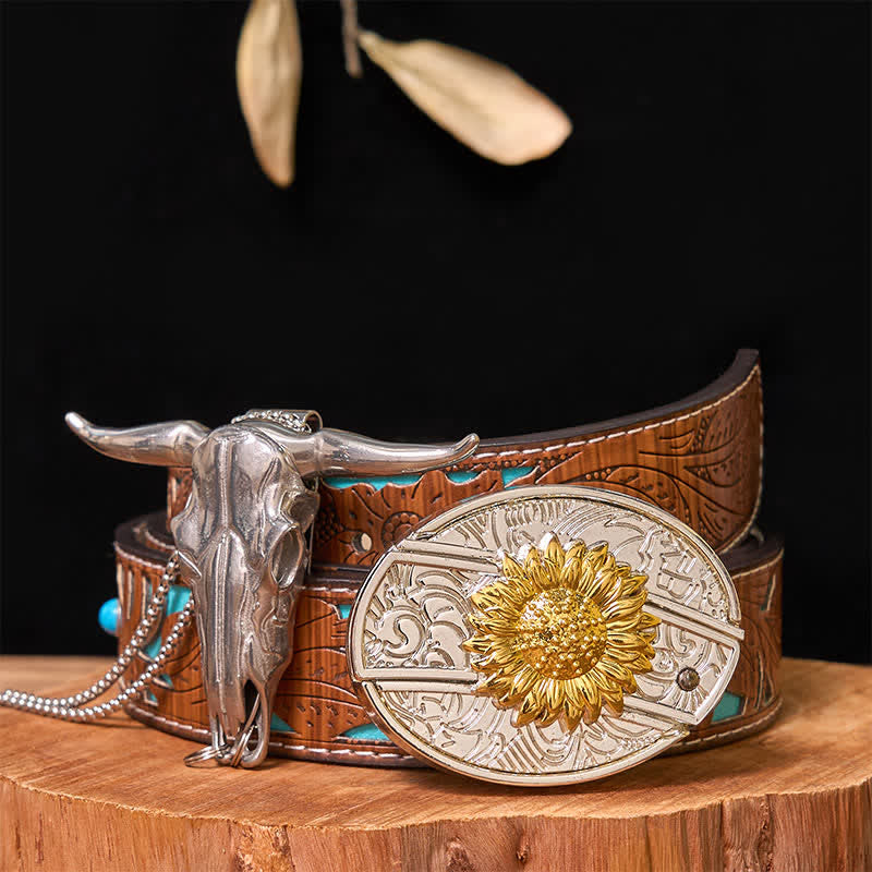 Set di ciondoli a forma di toro longhorn con fibbia per cintura fai da te in oro e argento con coltello nascosto - Girasole - Cintura intagliata turchese - 42 - image 12