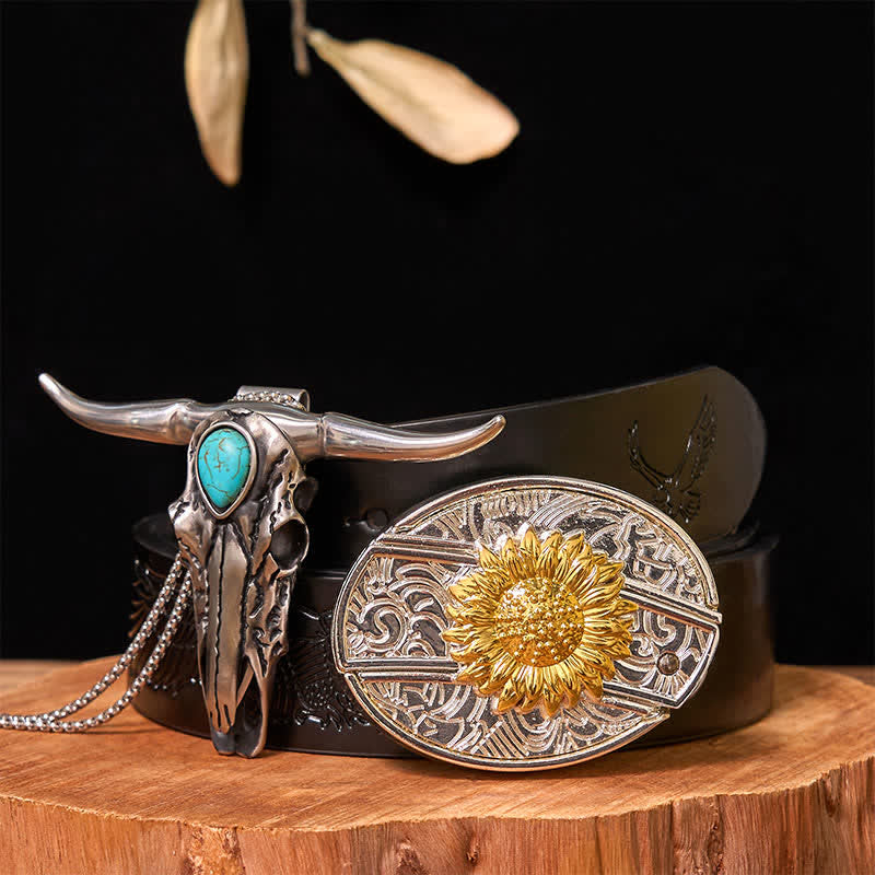 Set di ciondoli con fibbia per cintura fai da te in oro e argento con coltello nascosto e corno di cervo turchese - Girasole - Cintura con aquila in rilievo nera - 42 - image 14