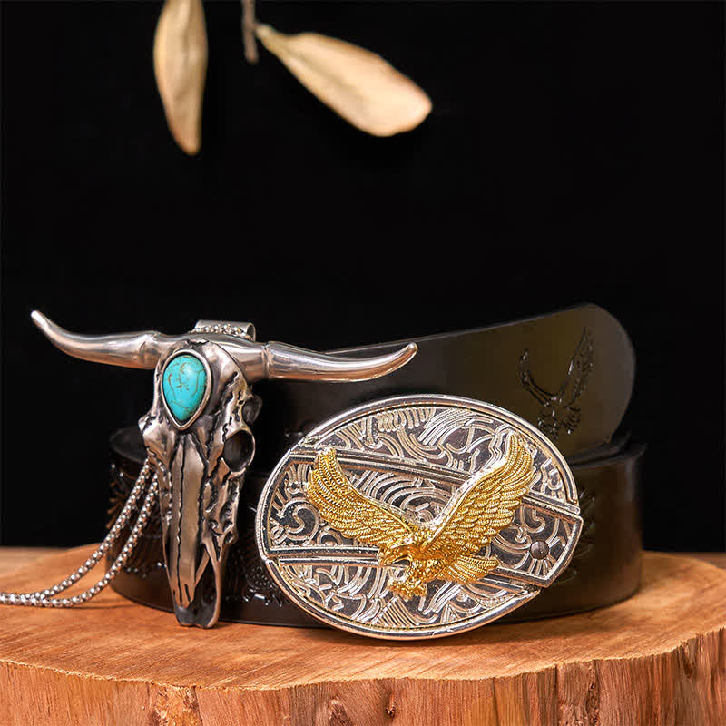 Set di ciondoli con fibbia per cintura fai da te in oro e argento con coltello nascosto e corno di cervo turchese - Aquila - Cintura con aquila in rilievo nera - 42 - image 32