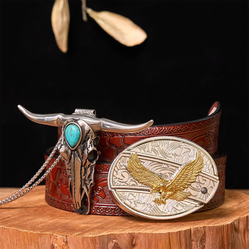 Set di ciondoli con fibbia per cintura fai da te in oro e argento con coltello nascosto e corno di cervo turchese - Aquila - Cintura marrone intagliata - 42 - image 36
