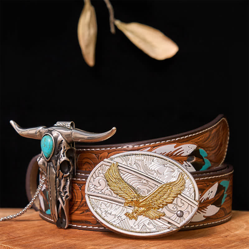 Set di ciondoli con fibbia per cintura fai da te in oro e argento con coltello nascosto e corno di cervo turchese - Aquila - Cintura di piume marroni - 40 - image 37