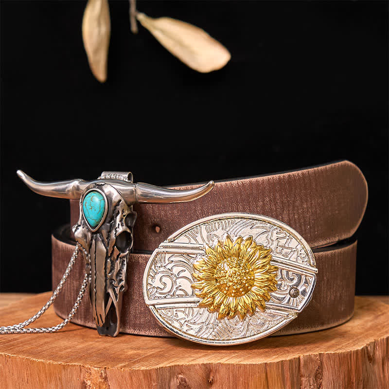 Set di ciondoli con fibbia per cintura fai da te in oro e argento con coltello nascosto e corno di cervo turchese - Girasole - Cintura marrone anticata - 42 - image 17