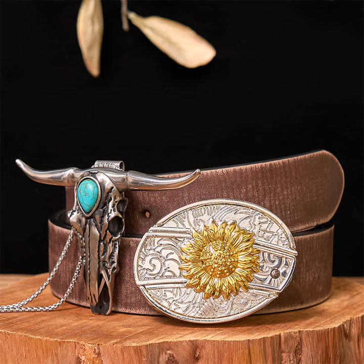 Set di ciondoli con fibbia per cintura fai da te in oro e argento con coltello nascosto e corno di cervo turchese - Girasole - Cintura marrone anticata - 42 - image 17