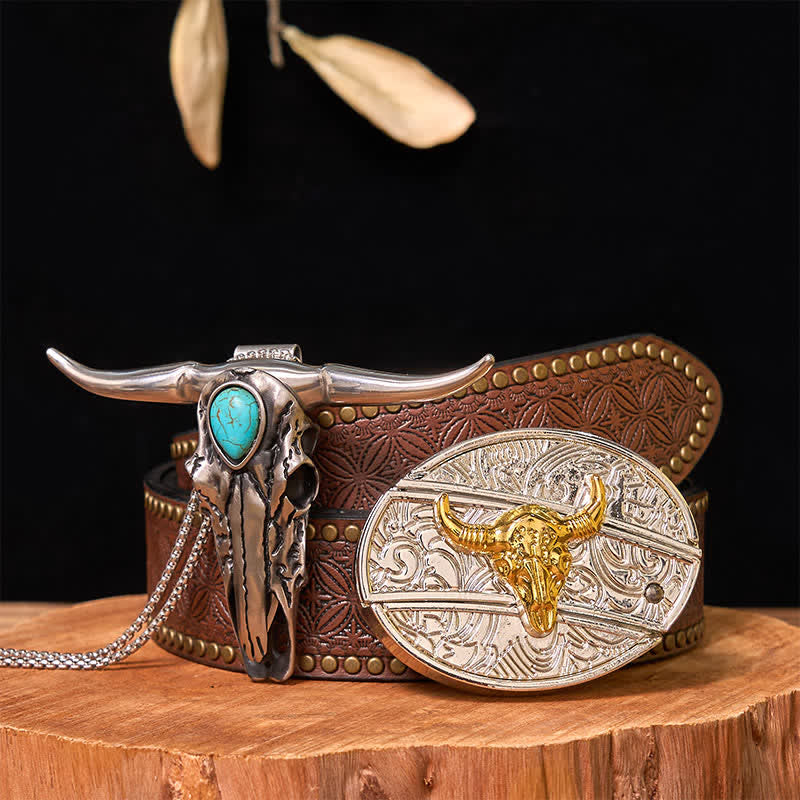 Set di ciondoli con fibbia per cintura fai da te in oro e argento con coltello nascosto e corno di cervo turchese - Toro - Cintura con rivetti marroni - 42 - image 8