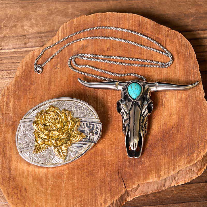 Set di ciondoli con fibbia per cintura fai da te in oro e argento con coltello nascosto e corno di cervo turchese
