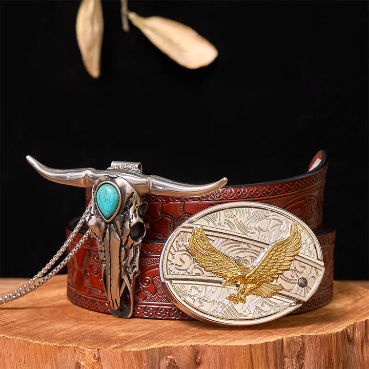 Set di ciondoli con fibbia per cintura fai da te in oro e argento con coltello nascosto e corno di cervo turchese - Aquila - Cintura marrone intagliata - 42 - image 36